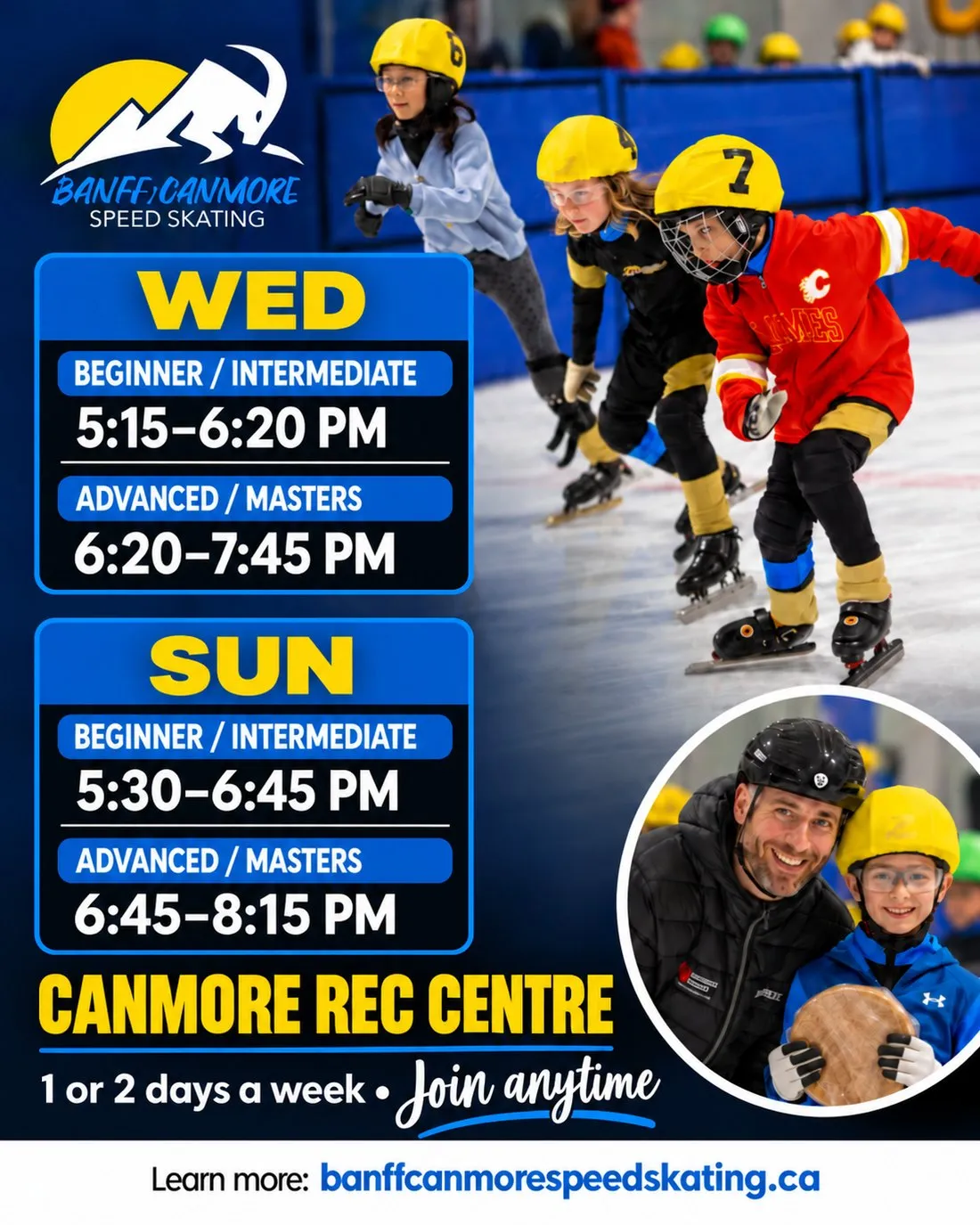 Practice schedule - Wednesdays: beginner/intermediate 5:15 to 6:20 pm, advanced/masters 6:20 to 7:45 pm. Sundays: beginner/intermediate 5:30 to 6:45 pm, advanced/masters 6:45 to 8:15 pm. Canmore Rec Centre. One or two days a week, join anytime.