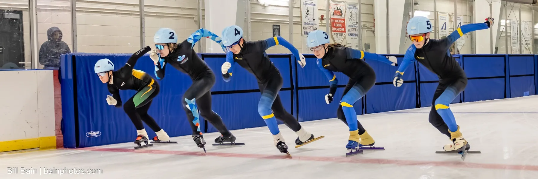 Five club skaters driving off the start line at Club Race Night #1
